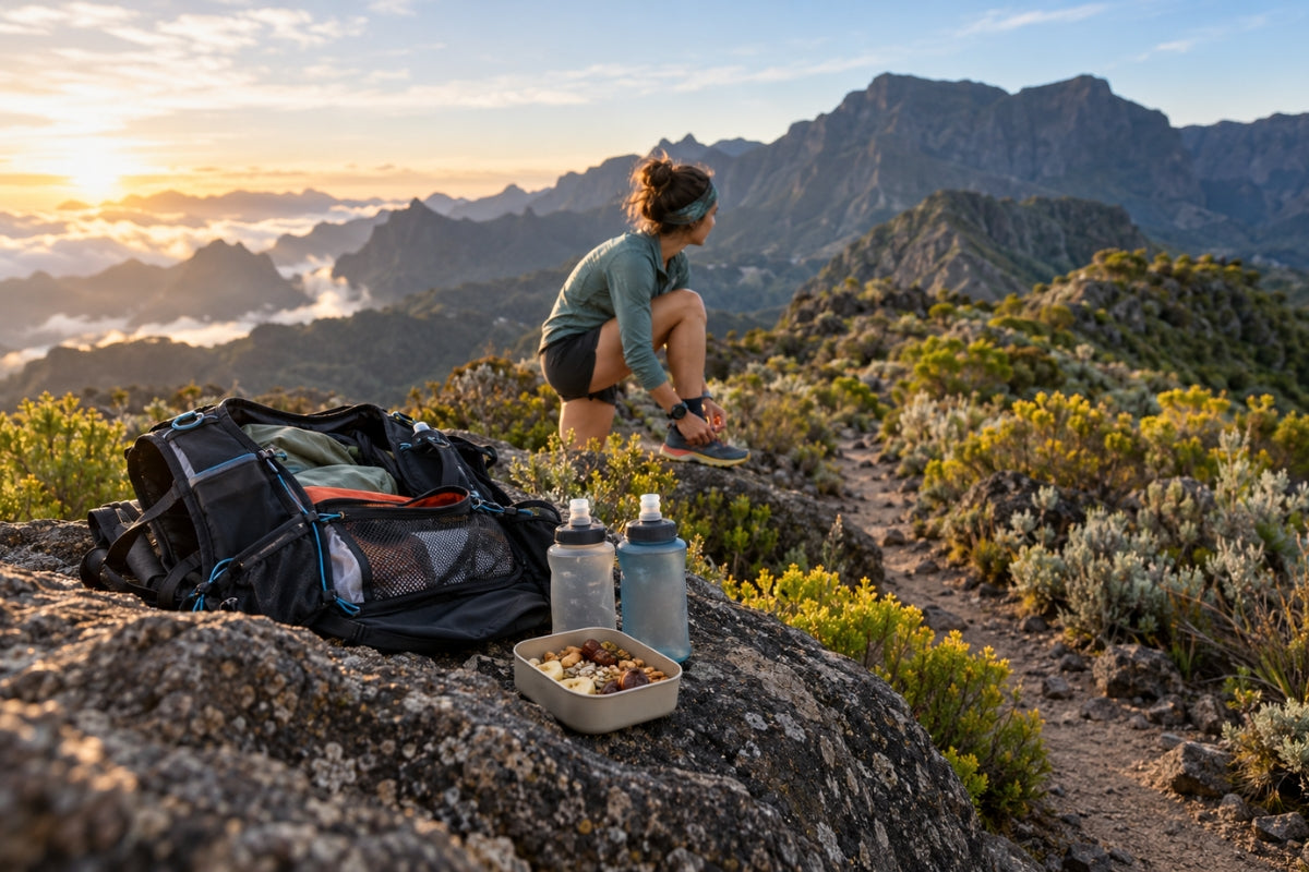 Préparation d’un sac et de flasques avant une sortie de trail dans les Hauts de La Réunion