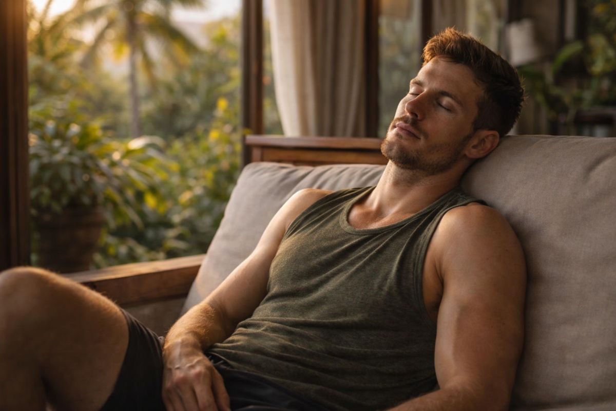 Homme fatigué au repos sur un canapé, végétation tropicale en arrière-plan – fatigue et manque d'énergie solutions naturelles Pure Performance La Réunion
