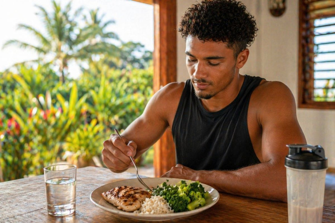 Sportif réunionnais mangeant un repas riche en protéines avec un shaker – nutrition sportive et prise de masse – Pure Performance La Réunion