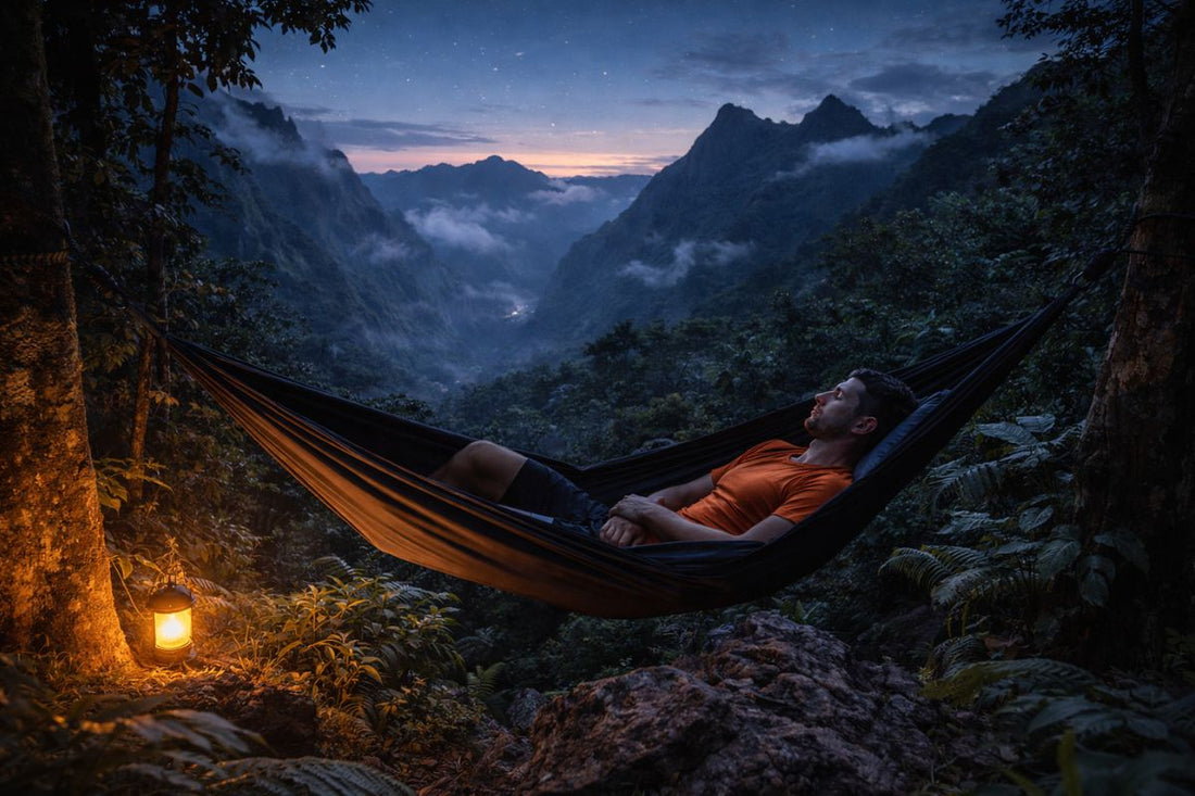 Sportif en récupération dormant dans un hamac en montagne tropicale après un trail, ambiance calme et sommeil réparateur