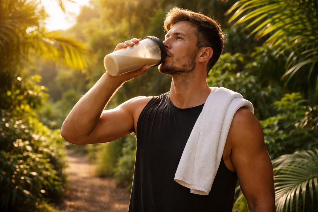 Sportif préparant un shaker de whey protéine après l'entraînement pour favoriser la récupération musculaire