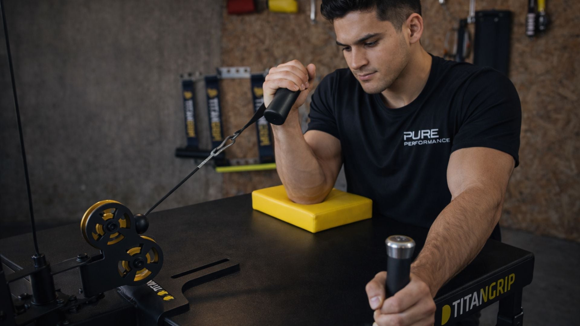 Athlète Pure Performance s'entraînant sur une table TitanGrip avec système de poulie – bras de fer sportif
