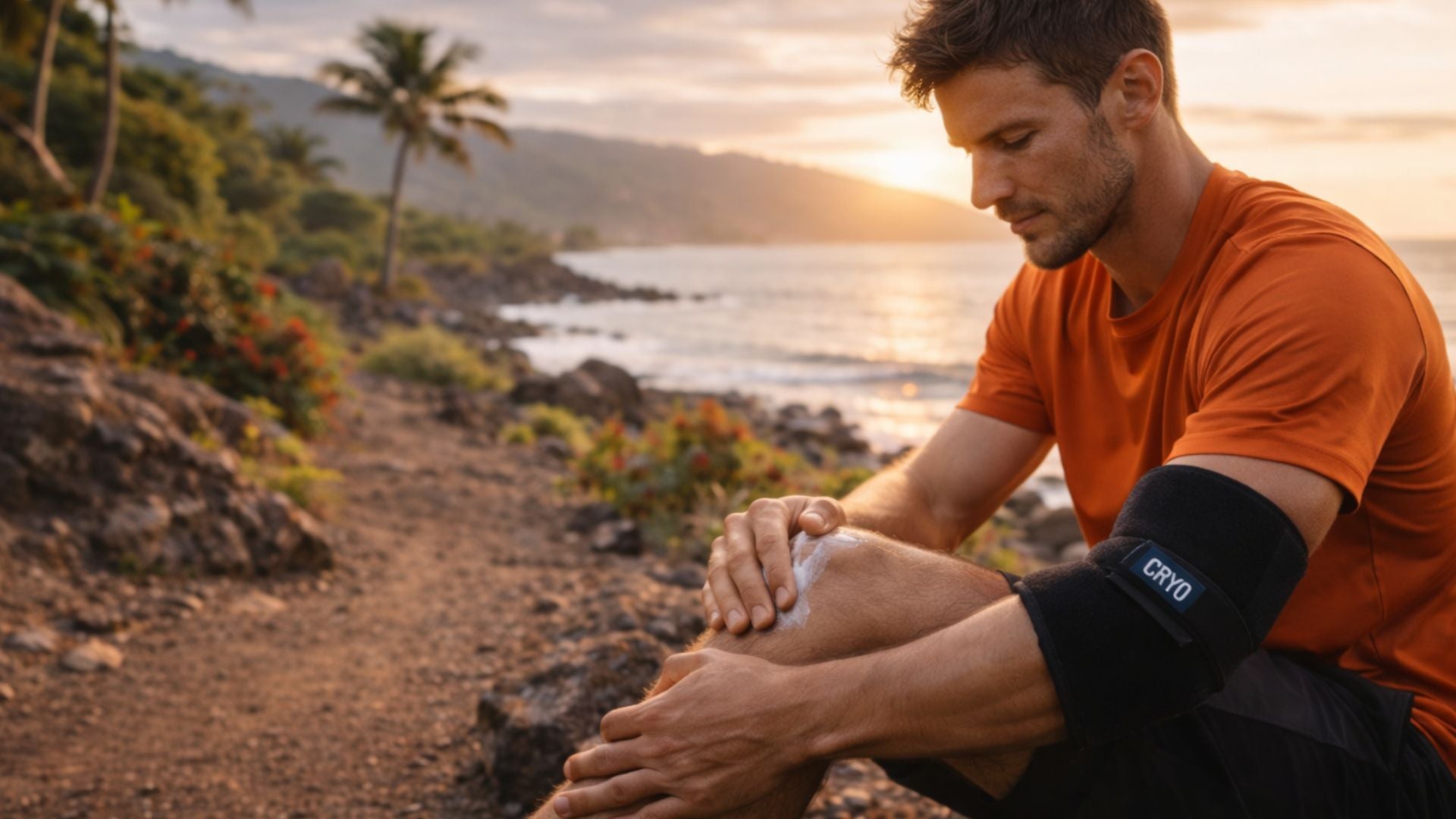 Sportif appliquant un soin sur le genou après l'effort sur un sentier côtier à La Réunion