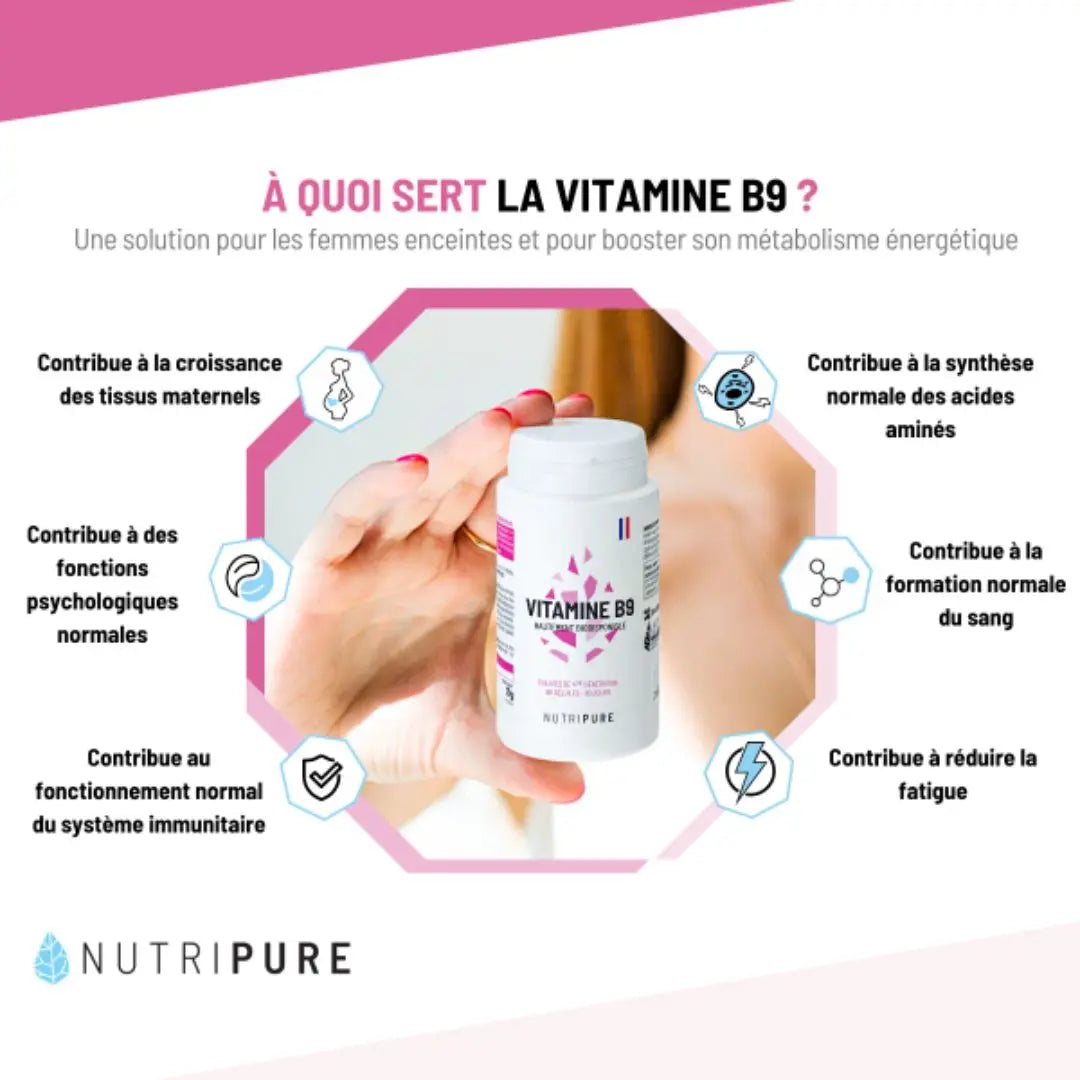 Infographie Vitamine B9 Quatrefolic® – bénéfices grossesse, fatigue et système nerveux